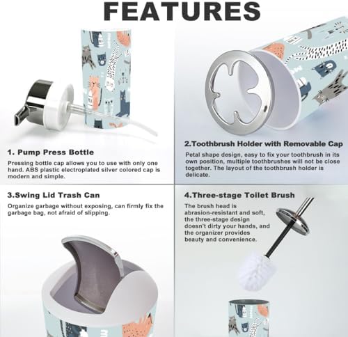 6 Piece Bathroom Accessory Set with Funny Cat Design