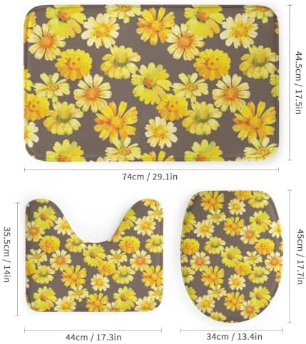 Kuizee 4 Piece Shower Curtain Set with Rugs Chamomile Floral Yellow