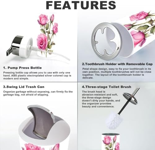 Bathroom Accessory Set 6 Piece Pink Rose Flower Design