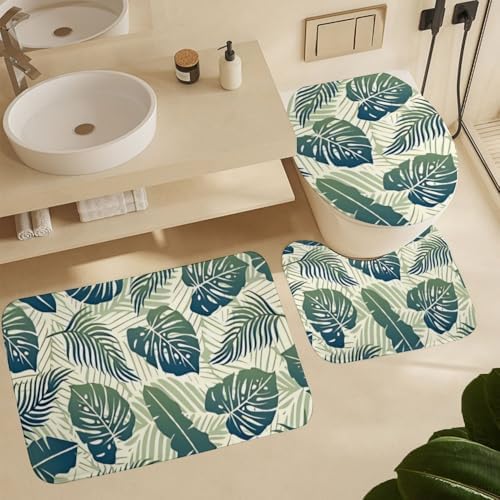 Kuizee 4-Piece Tropical Green Leaf Shower Curtain Set with Non-Slip Rugs