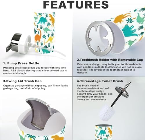 Bathroom Accessory Set 6 Piece Hand Drawn Dinosaur Design