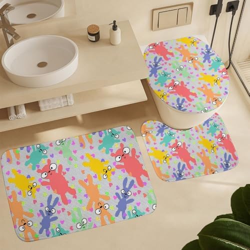 Kuizee Cartoon Animals Shower Curtain Set with 4 Piece Rugs