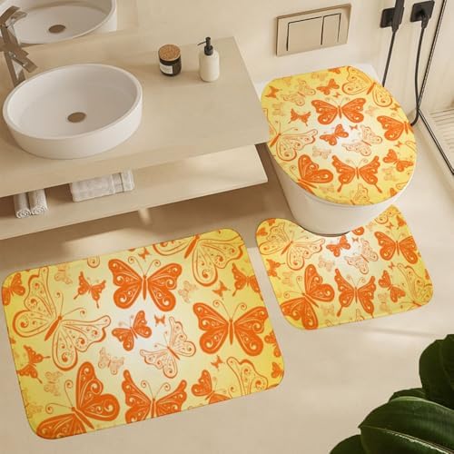 Kuizee 4 Piece Yellow Butterfly Shower Curtain Set with Non-Slip Rugs