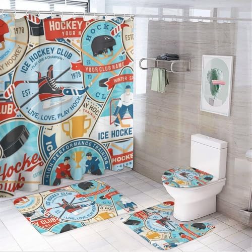 Kuizee 4 Piece Ice Hockey Shower Curtain Set with Non-Slip Rugs
