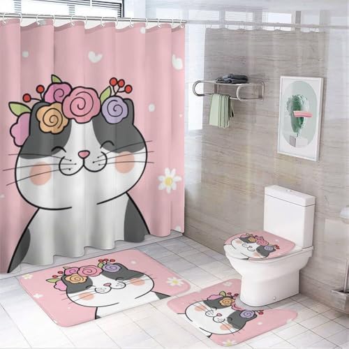 Kuizee 4-Piece Happy Cat Flower Shower Curtain Set with Rugs and Hooks