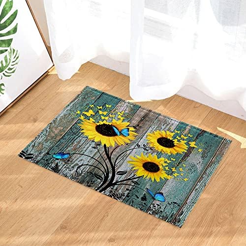 Grtuspr Sunflower Bath Rug with Teal Butterfly
