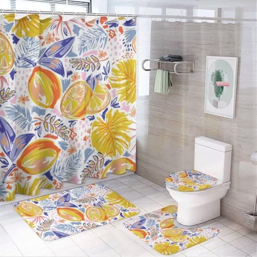 Kuizee 4-Piece Shower Curtain Set with Rugs - Summer Fruits Lemon Pattern