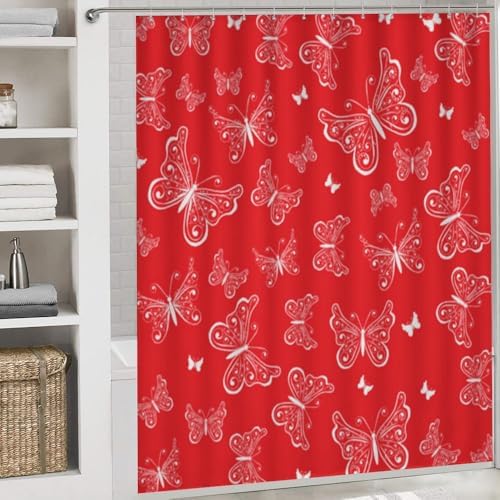 Kuizee 4 Piece Red Butterfly Shower Curtain Set with Non-Slip Rugs