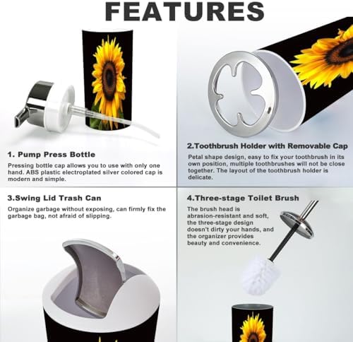 Stylish 6-Piece Bathroom Accessory Set with Black Sunflower Design