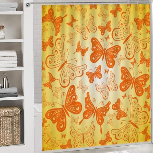 Kuizee 4 Piece Yellow Butterfly Shower Curtain Set with Non-Slip Rugs