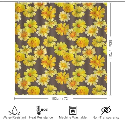 Kuizee 4 Piece Shower Curtain Set with Rugs Chamomile Floral Yellow