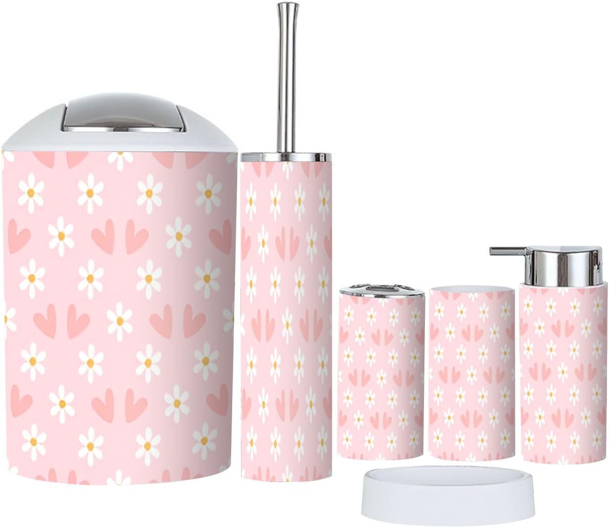 6 Piece Bathroom Accessory Set with Daisies and Hearts Print