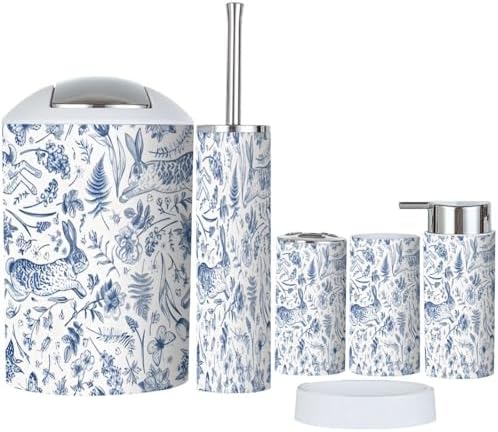 6 Piece Bathroom Accessory Set with Blue Floral Print 1