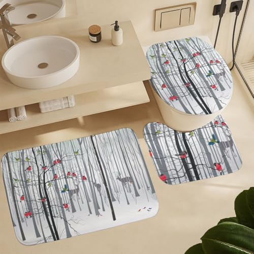 Kuizee 4-Piece Christmas Tree Shower Curtain Set with Non-Slip Bath Rugs