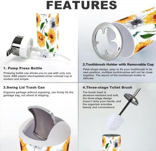 6 Piece Bathroom Accessory Set with Sunflowers and Butterflies Design