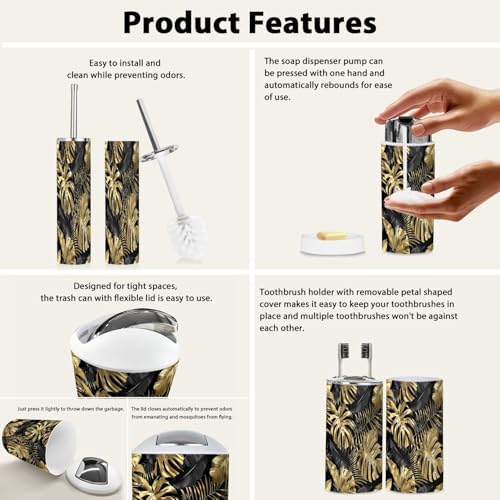 Bathroom Accessory Set 6 Piece Boho Gold Black Tropical Leaves Botanical