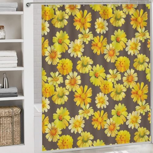 Kuizee 4 Piece Shower Curtain Set with Rugs Chamomile Floral Yellow
