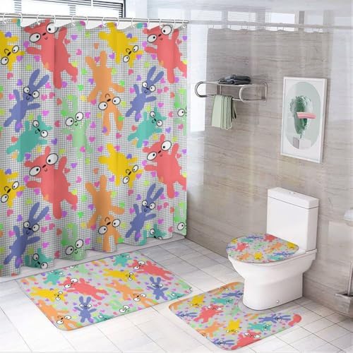 Kuizee Cartoon Animals Shower Curtain Set with 4 Piece Rugs