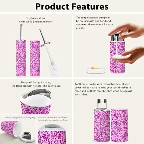 Boho Glamour Pink Leopard Pattern Bathroom Accessories Set
