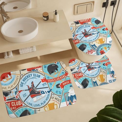 Kuizee 4 Piece Ice Hockey Shower Curtain Set with Non-Slip Rugs