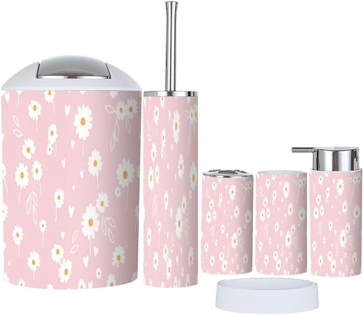 6 Piece Bathroom Accessory Set with Daisy Flower Heart Design