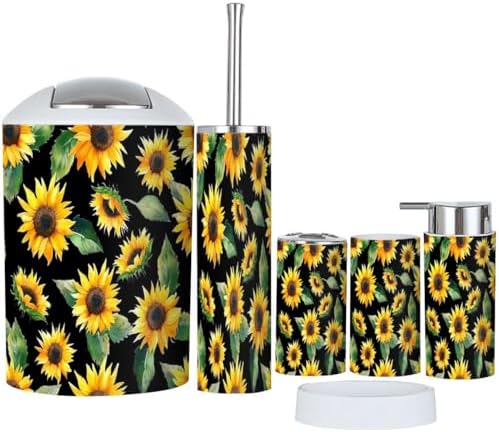 6 Piece Black Floral Bathroom Accessory Set