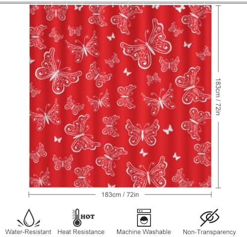 Kuizee 4 Piece Red Butterfly Shower Curtain Set with Non-Slip Rugs