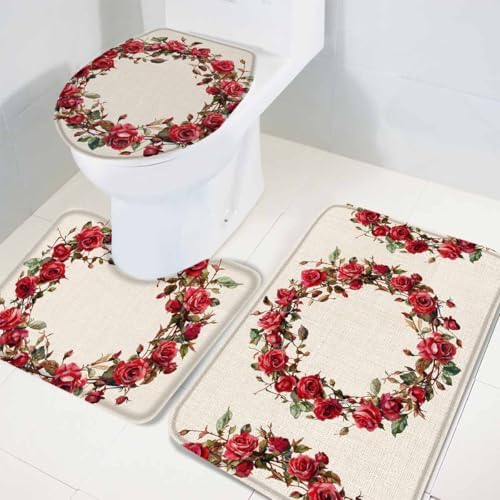 Wotrend Spring 3 Piece Bath Rug Set with Red Rose Wreath Design