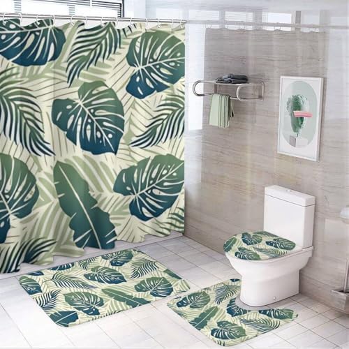 Kuizee 4-Piece Tropical Green Leaf Shower Curtain Set with Non-Slip Rugs