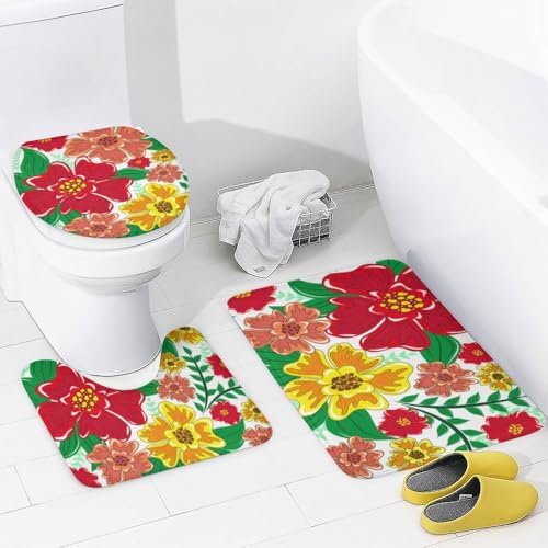 Kuizee 4-Piece Floral Shower Curtain Set with Non-Slip Rugs 1
