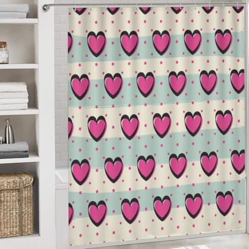 Kuizee Romantic Hearts Shower Curtain Set with 4 Pieces Rugs