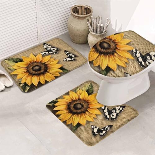 Wotrend Floral Bath Rug Set with Retro Yellow Sunflowers and Butterfly Pattern