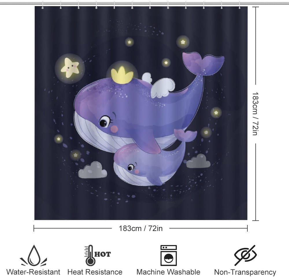 Kuizee 4-Piece Whale Motherhood Shower Curtain Set with Non-Slip Rugs