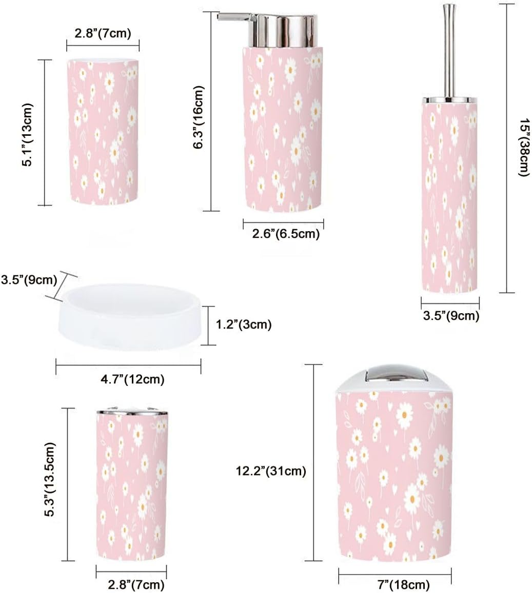 6 Piece Bathroom Accessory Set with Daisy Flower Heart Design