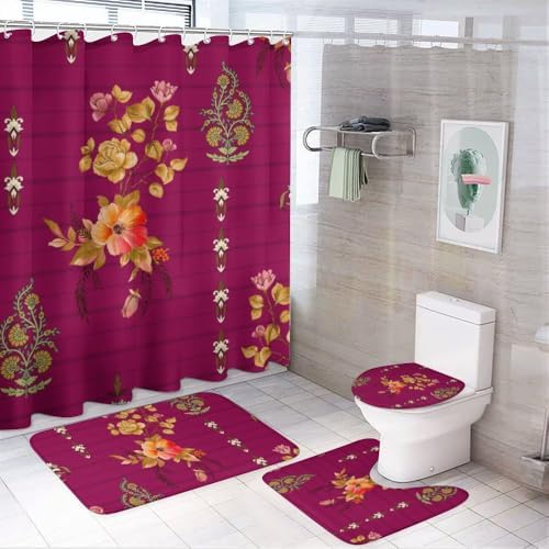 Kuizee 4 Piece Luxury Floral Shower Curtain Set with Non-Slip Rugs