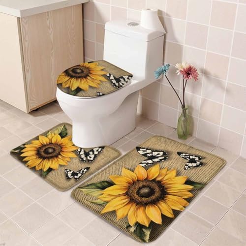Wotrend Floral Bath Rug Set with Retro Yellow Sunflowers and Butterfly Pattern