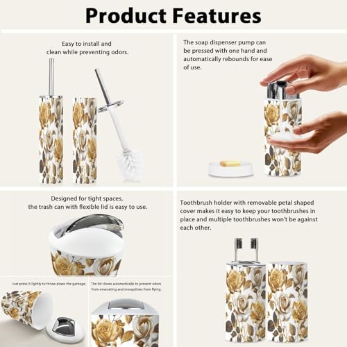Boho Bathroom Accessories Set 6 Piece Gold Rose Design