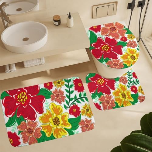 Kuizee 4-Piece Floral Shower Curtain Set with Non-Slip Rugs 1