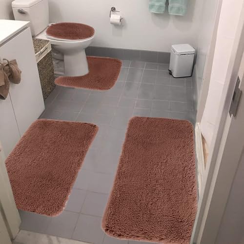 4 Piece Bathroom Rug Set with Non-Slip Mats and Toilet Cover