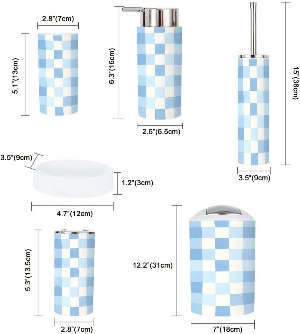 Boho Blue Checkered Bathroom Accessory Set of 6