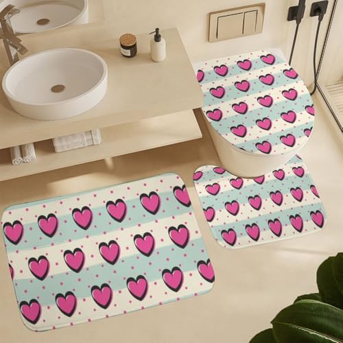 Kuizee Romantic Hearts Shower Curtain Set with 4 Pieces Rugs
