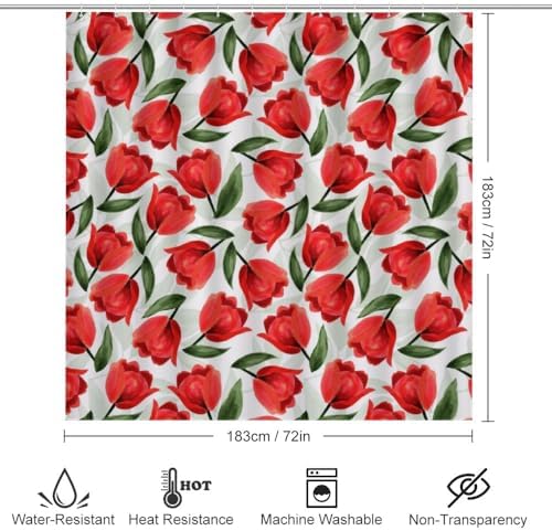 Kuizee 4-Piece Shower Curtain Set with Rugs Red Tulips Botanical Garden