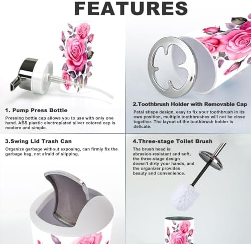 Pink Rose Flower Bathroom Accessory Set 6 Piece