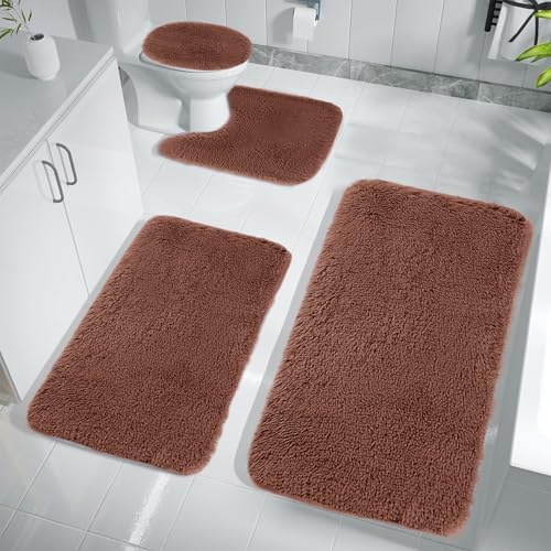 4 Piece Bathroom Rug Set with Non-Slip Mats and Toilet Cover