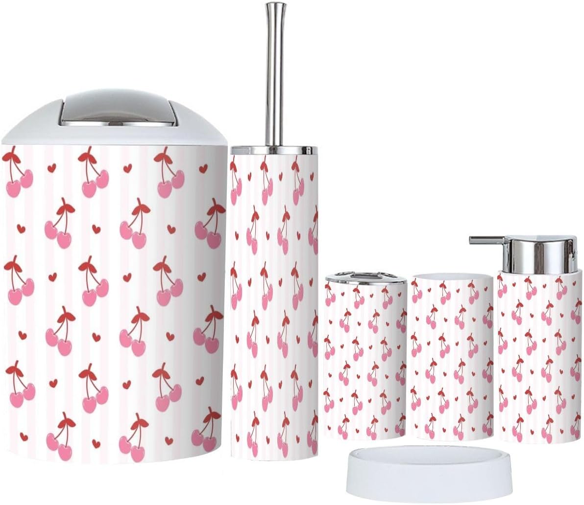 6 Piece Bathroom Accessory Set Preppy Pink White