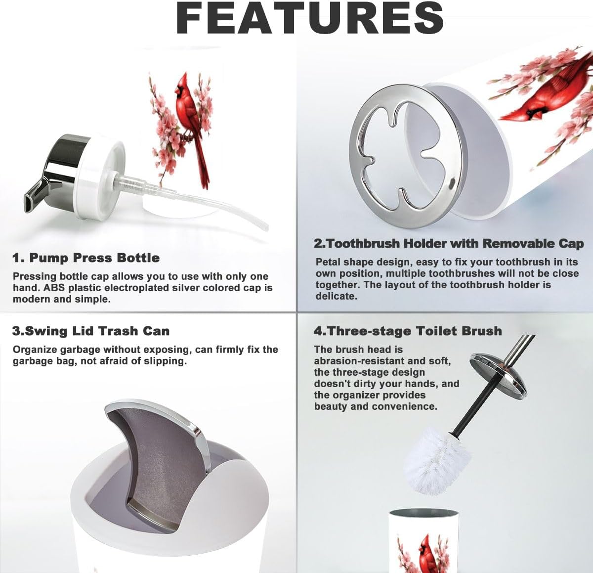 6 Piece Bird Red Bathroom Accessory Set