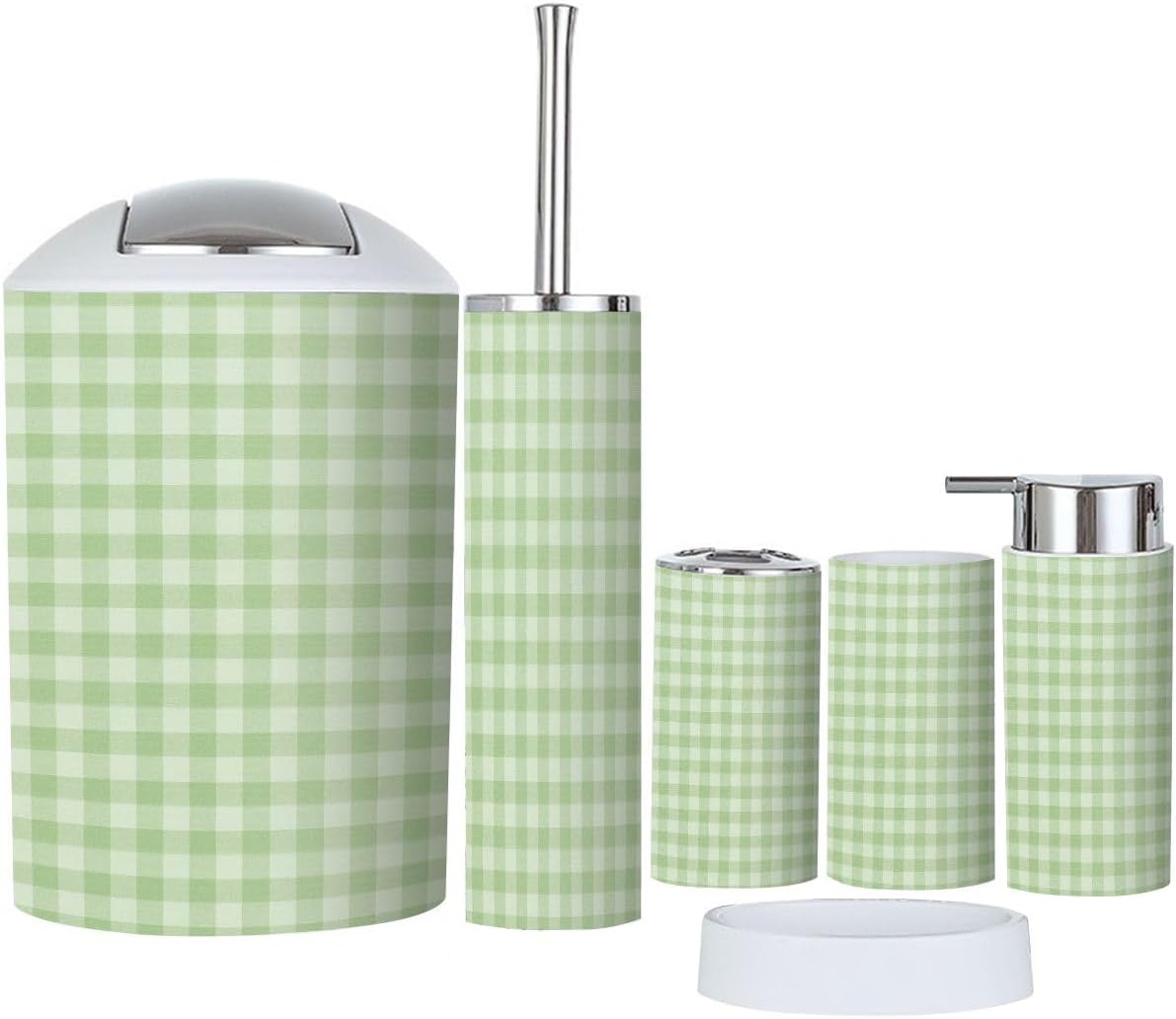 Boho Green White Plaid Bathroom 6-Piece Accessory Set