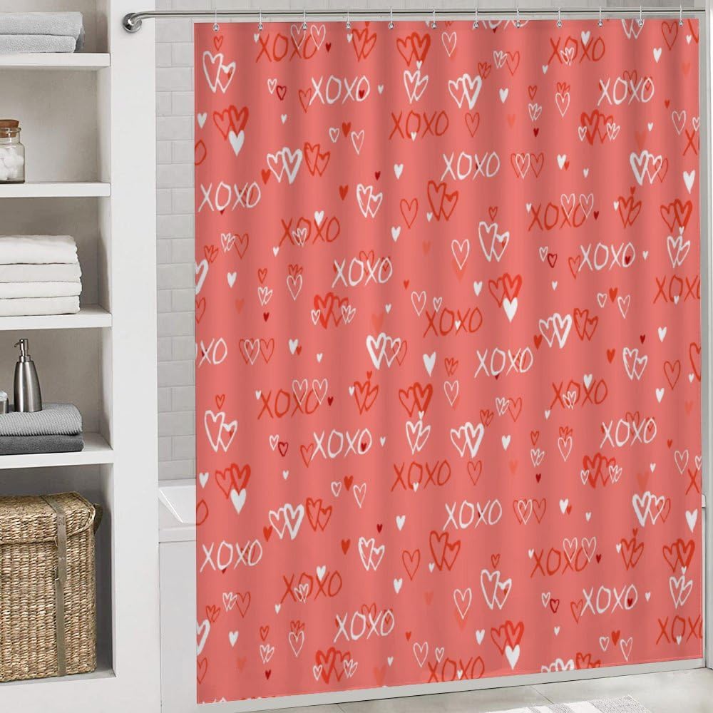 Kuizee 4-Piece Shower Curtain Set with Rugs Hearts Design