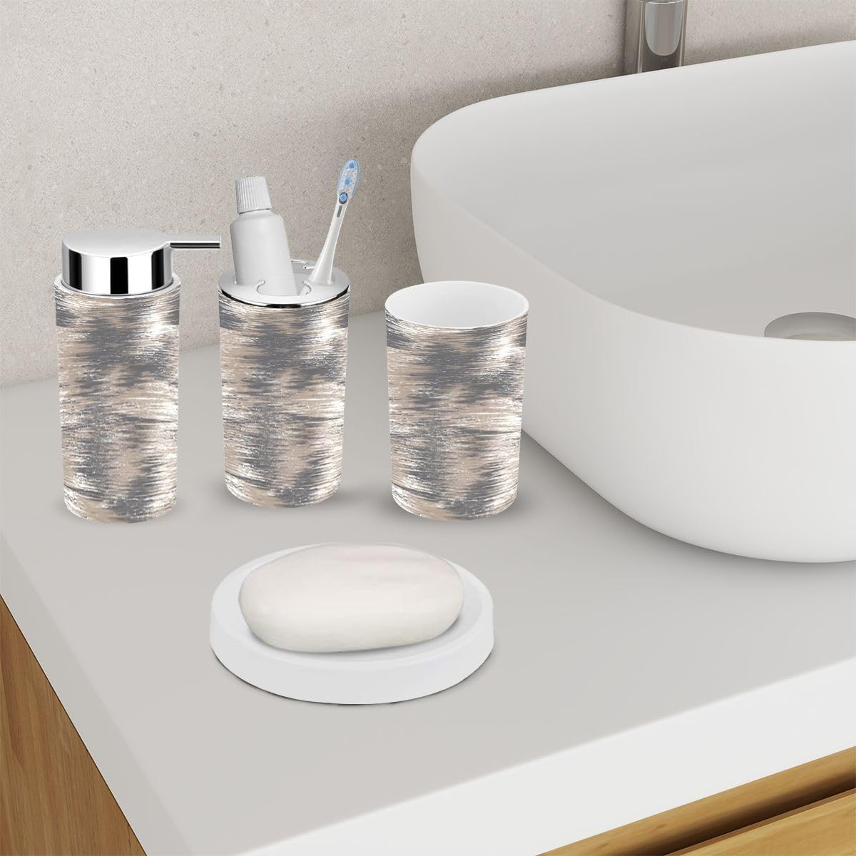 6-Piece Bathroom Accessory Set in Washed Grey Beige White