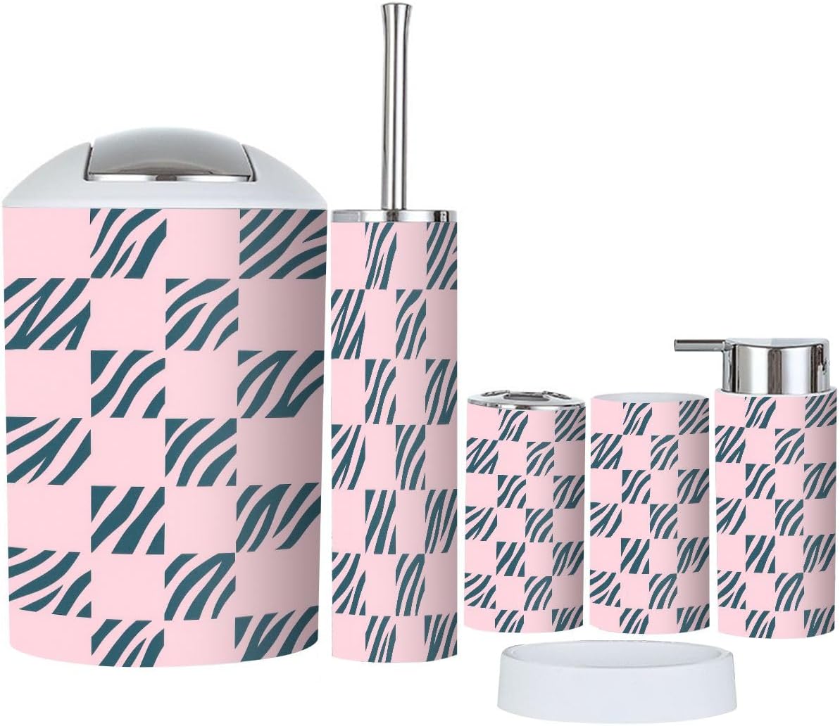 Boho Pink Checkered Bathroom Accessory Set of 6